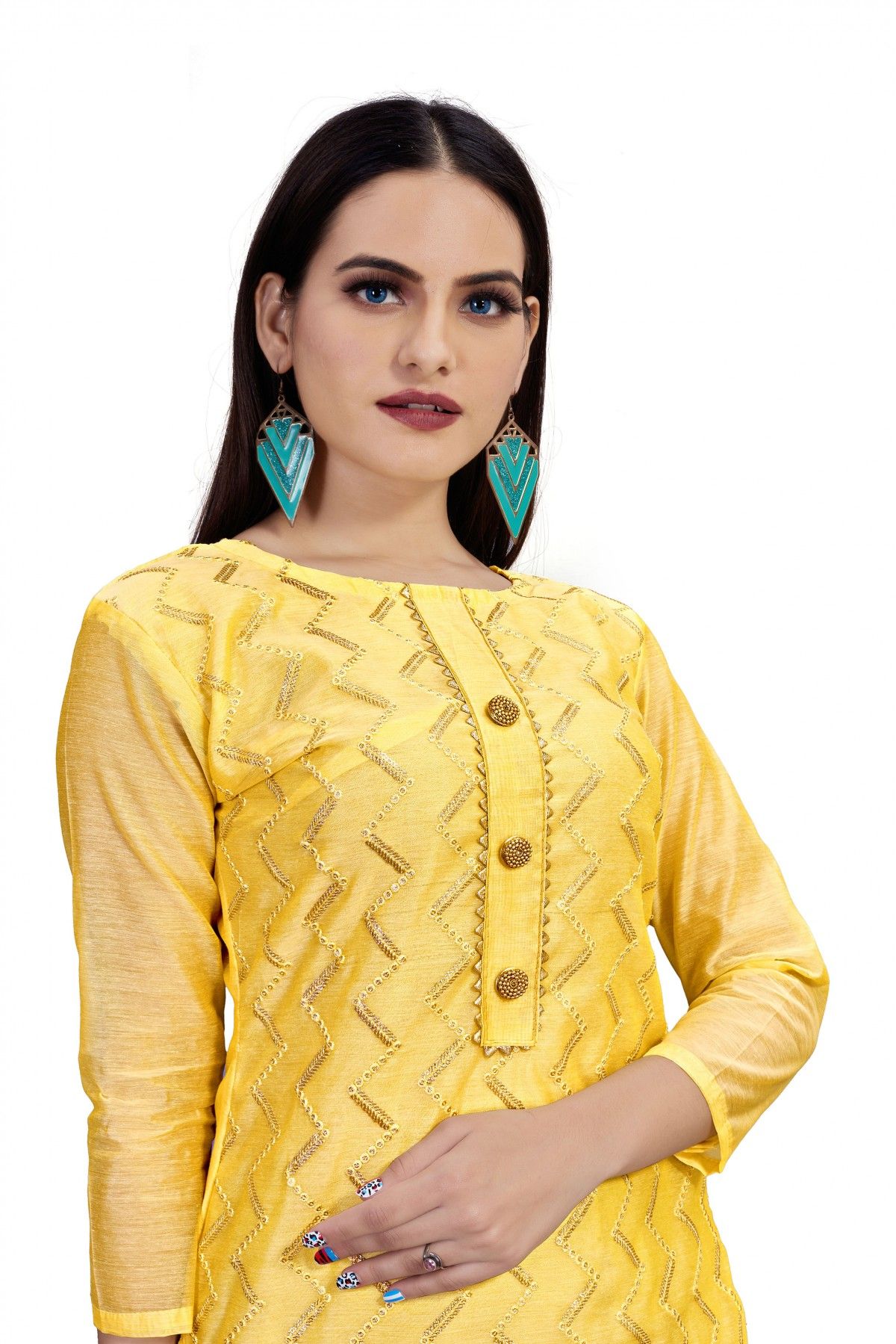 Unstitched Chanderi Cotton Embroidery Churidar Suit In Yellow Colour