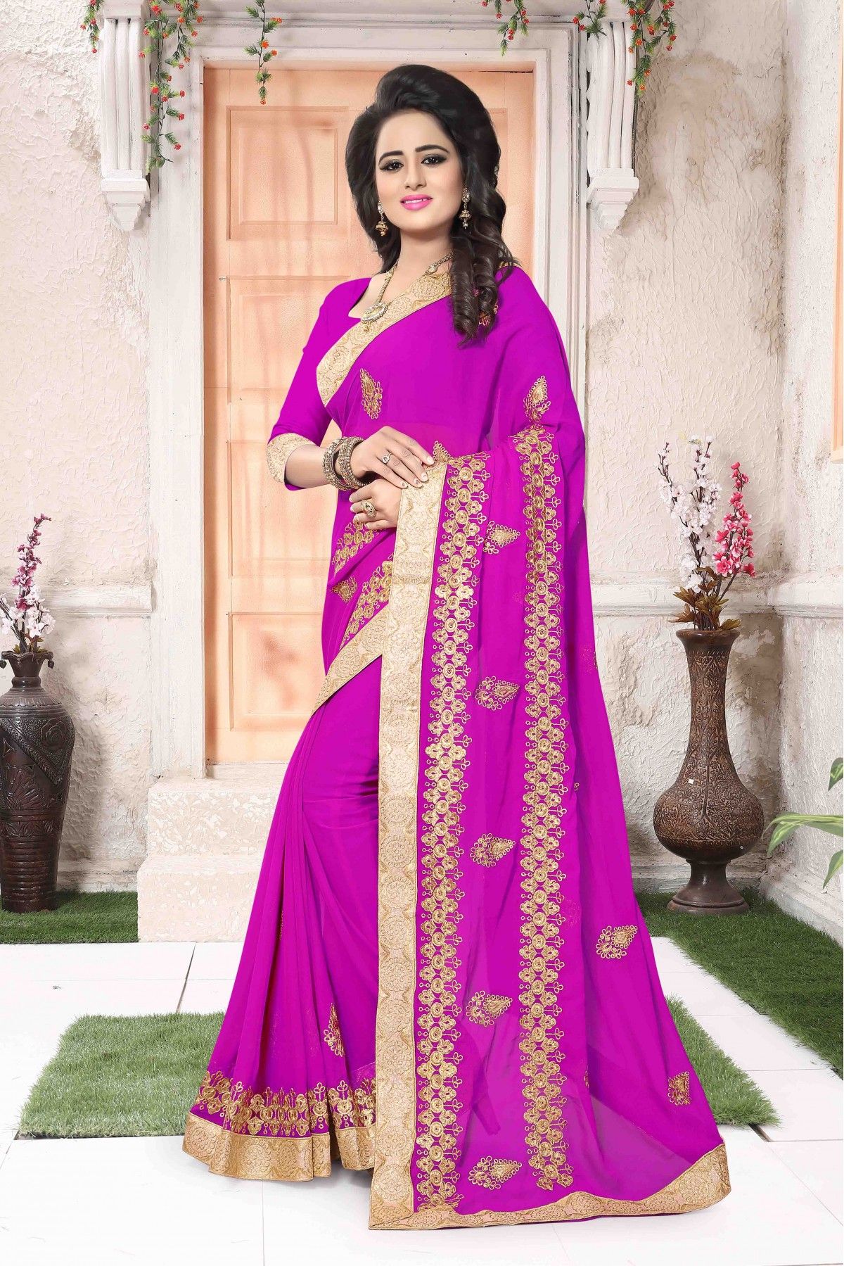 Magenta Plain Saree Pure Modal Silk White Edges - Bandhani - Bandhani -  Kutch