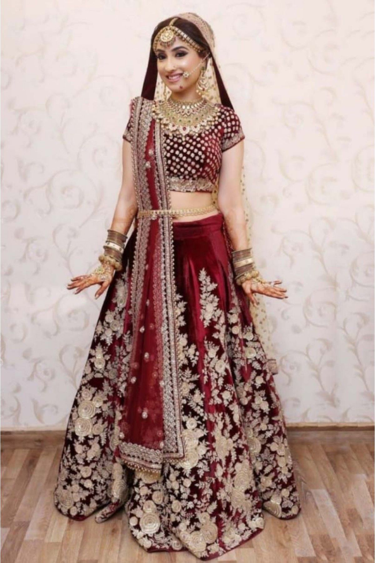 Red Micro-Velvet Bridal Lehenga – Mongas