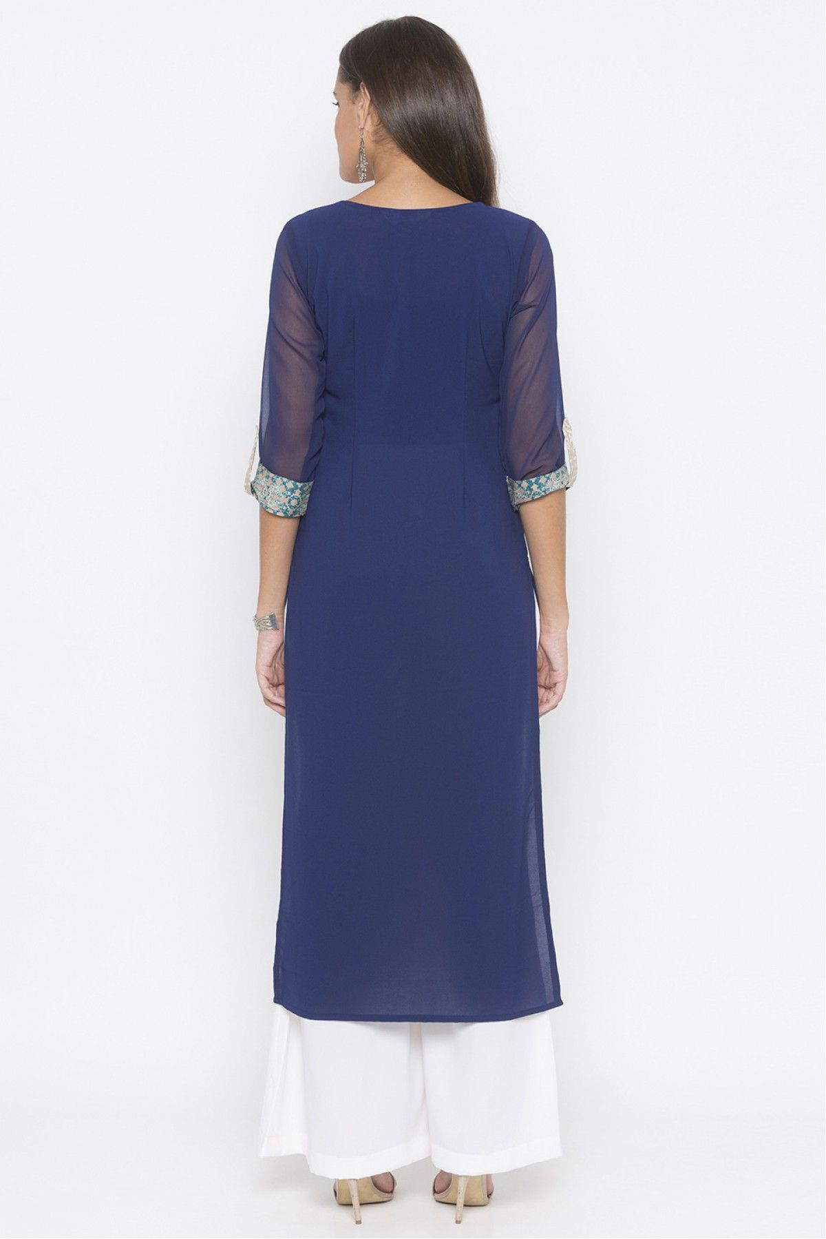 Plus Size American Crepe Embroidery Kurti In Navy Blue Colour