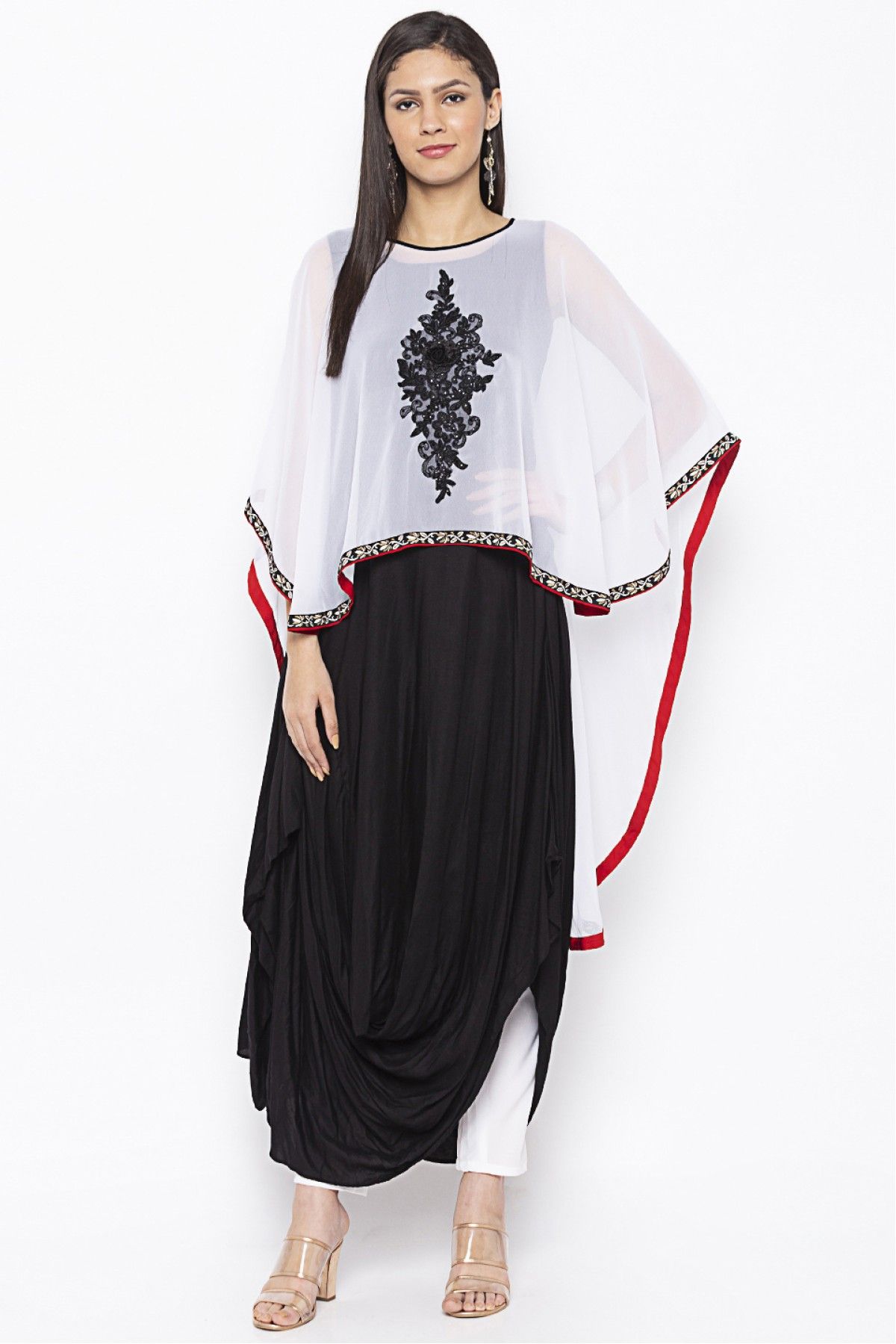 Plus Size Cotton Embroidery Kurti In Black And White Colour - KR2710835