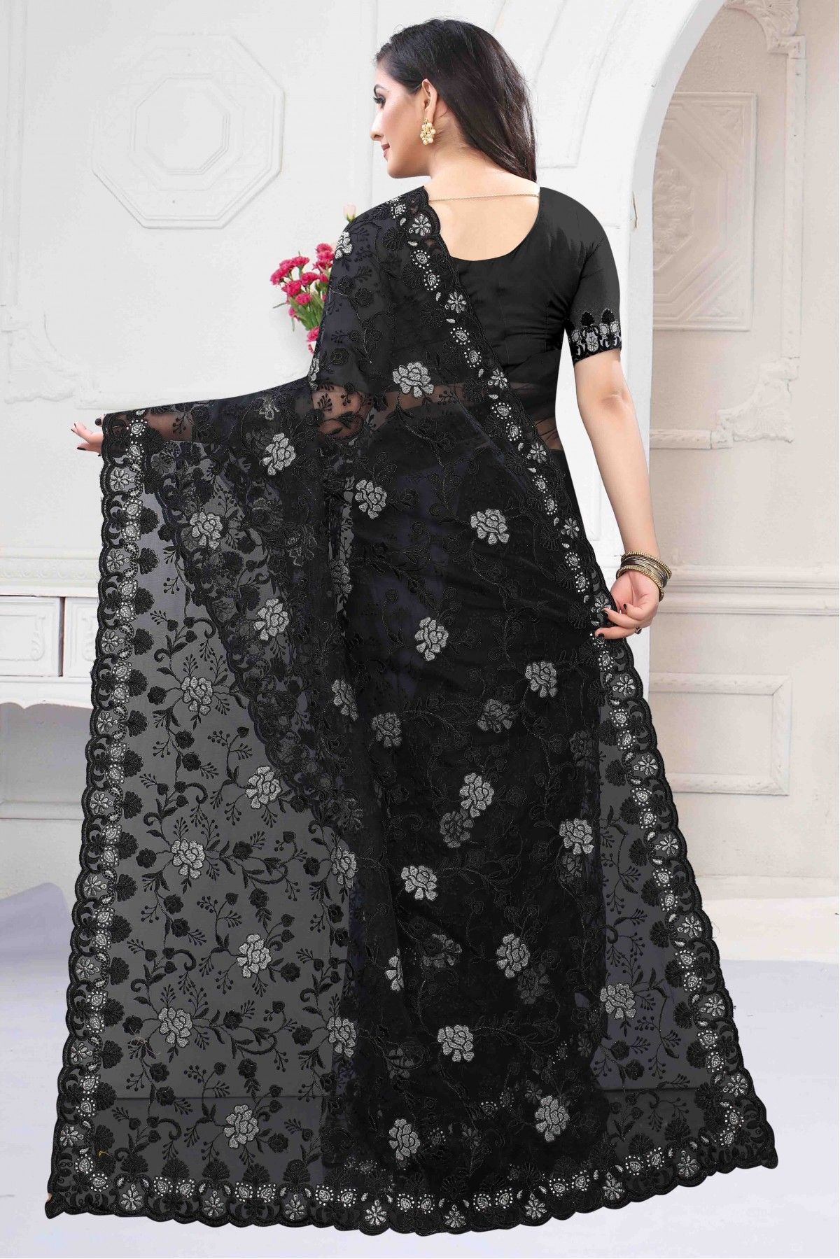 Net Designer Saree In Black Colour - SR4690356