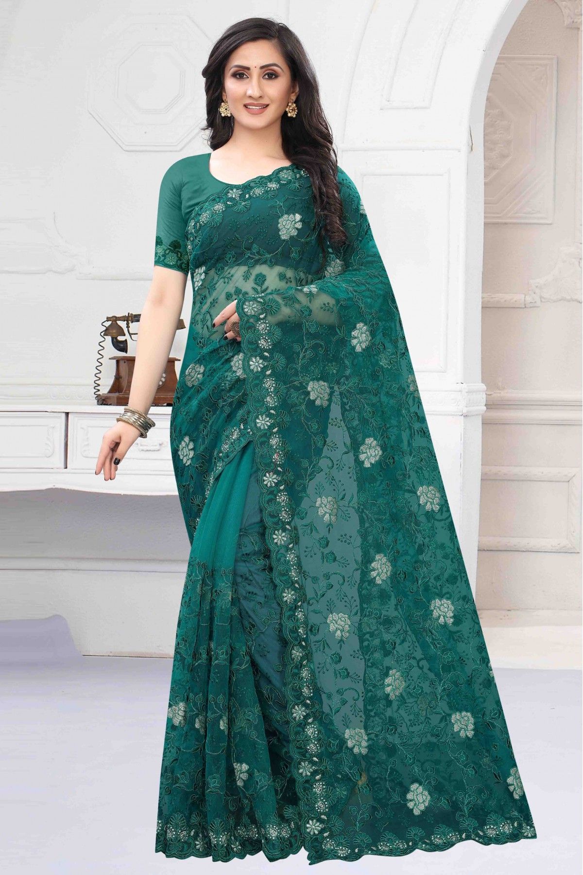 Net Designer Saree In Rama Green Colour