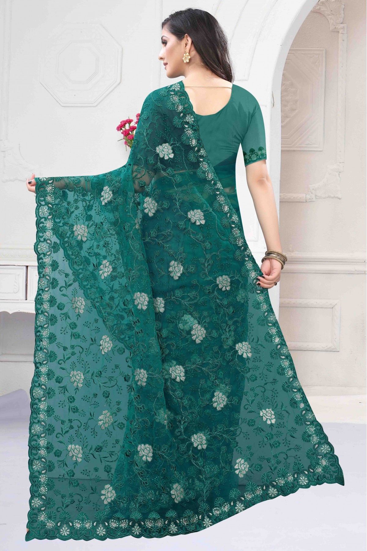 Traditional Green Color Embroidered Saree With Worked Designer Blouse