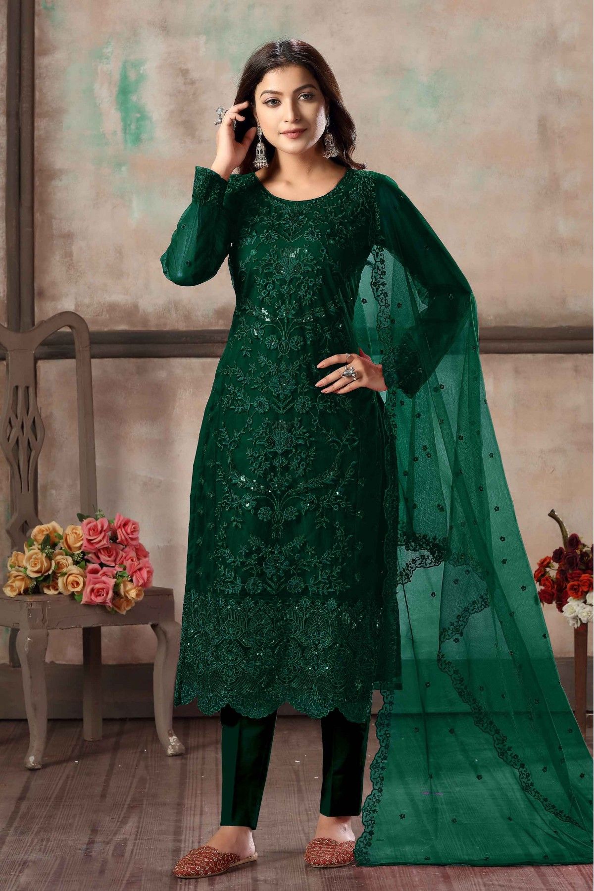 Art Silk Fabric Festive Wear Embroidered Green Color Patiala Suit