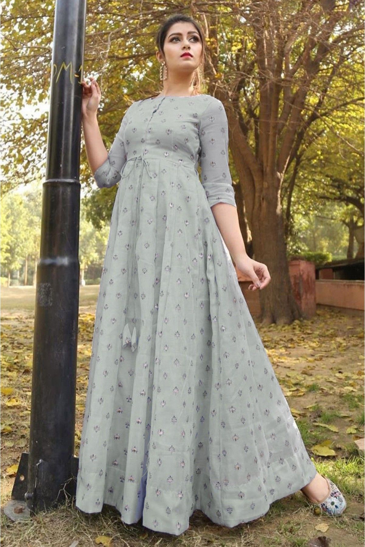 Net Designer Gown In Grey Color