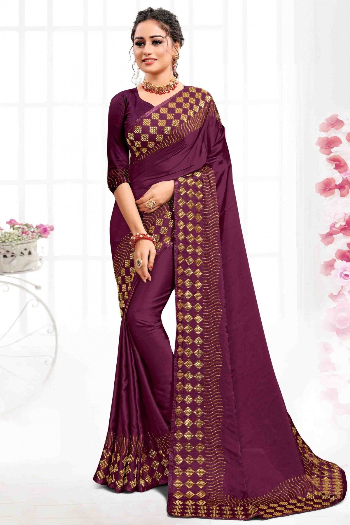 Wine woven silk saree with blouse - Lilots - 4147214