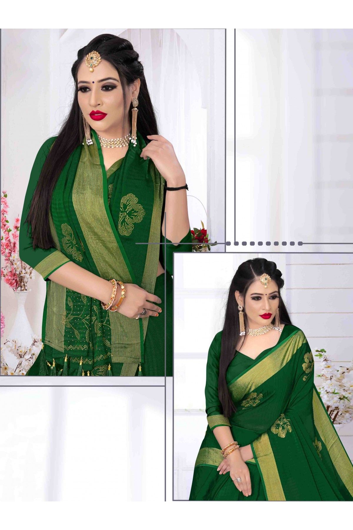 Vichitra Silk Embroidery Saree In Bottle Green Colour