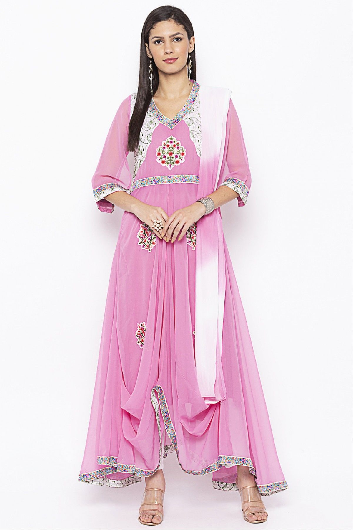 Plus Size Stitched Georgette Embroidery Pant Style Suit In Baby Pink Colour