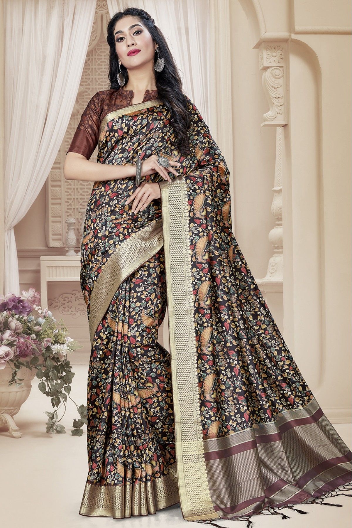 Black Floral Printed Saree Set Design by Varun Bahl at Pernia's Pop Up Shop  2024