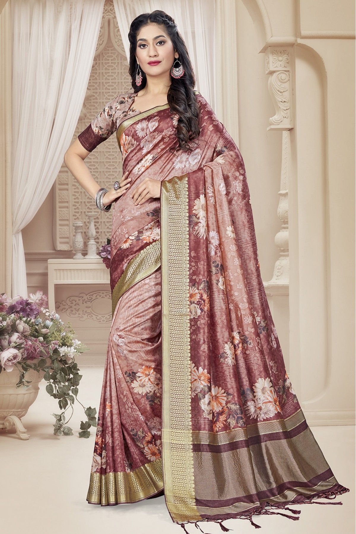 Tussar Silk Printed Saree In Onion Pink Colour