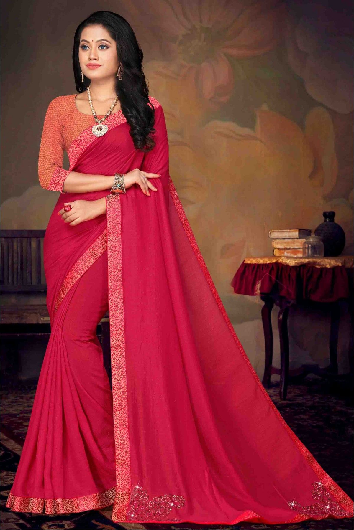 Pink Colour Vichitra Silk heavy work Saree - Teeya Creation - 4215200