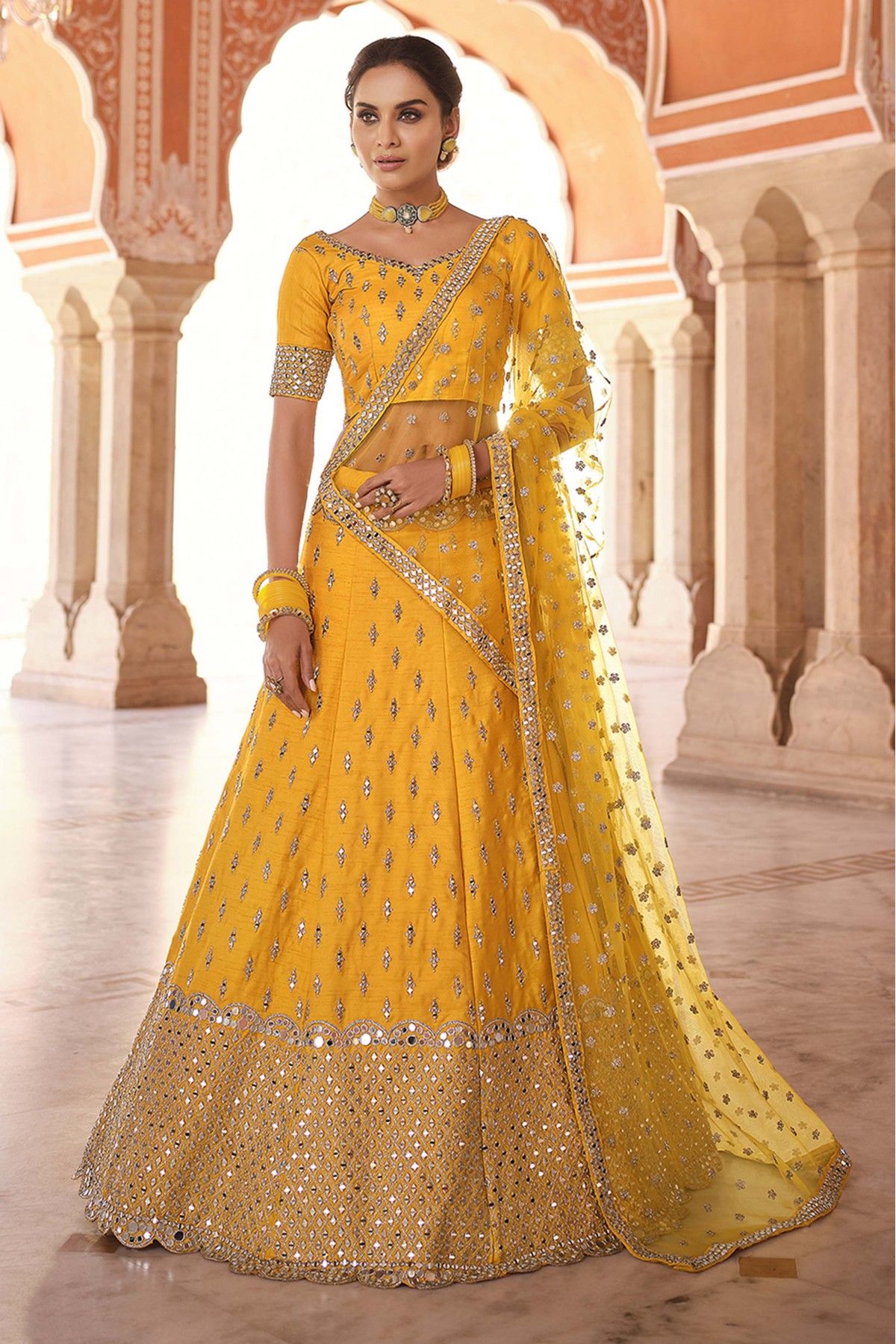 Buy Organza Printed Lehenga Choli in Yellow | Lehenga Choli For Women -  (PRS1368) — Karmaplace