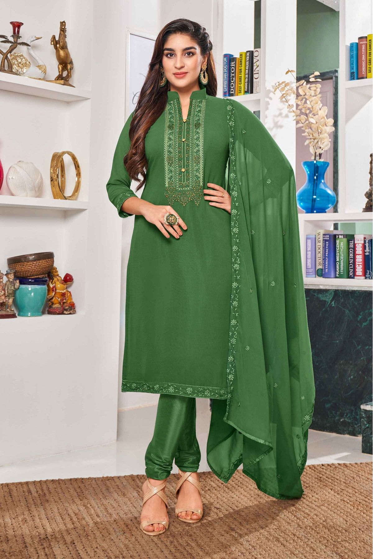 Georgette Embroidery Churidar Suit In Green Colour - SM5411784