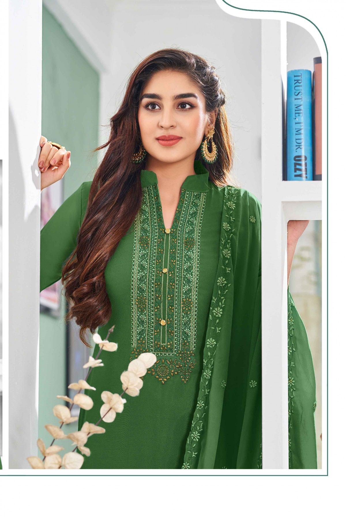 Georgette Embroidery Churidar Suit In Green Colour - SM5411784