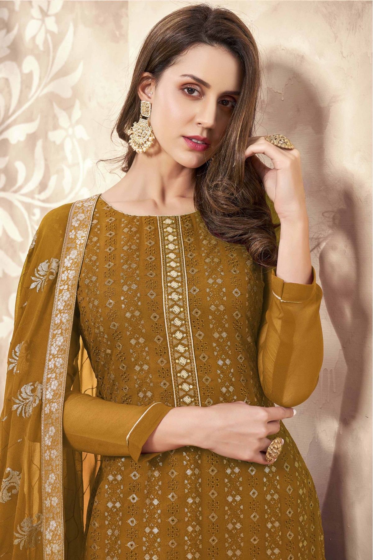 Net embroidered pant style suit in Mustard colour 3403