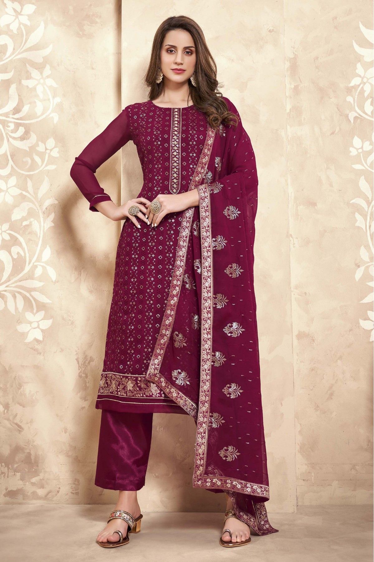 Wine Viscose Embroidered Stitched Suit Set | RAASHI-1002 | Cilory.com