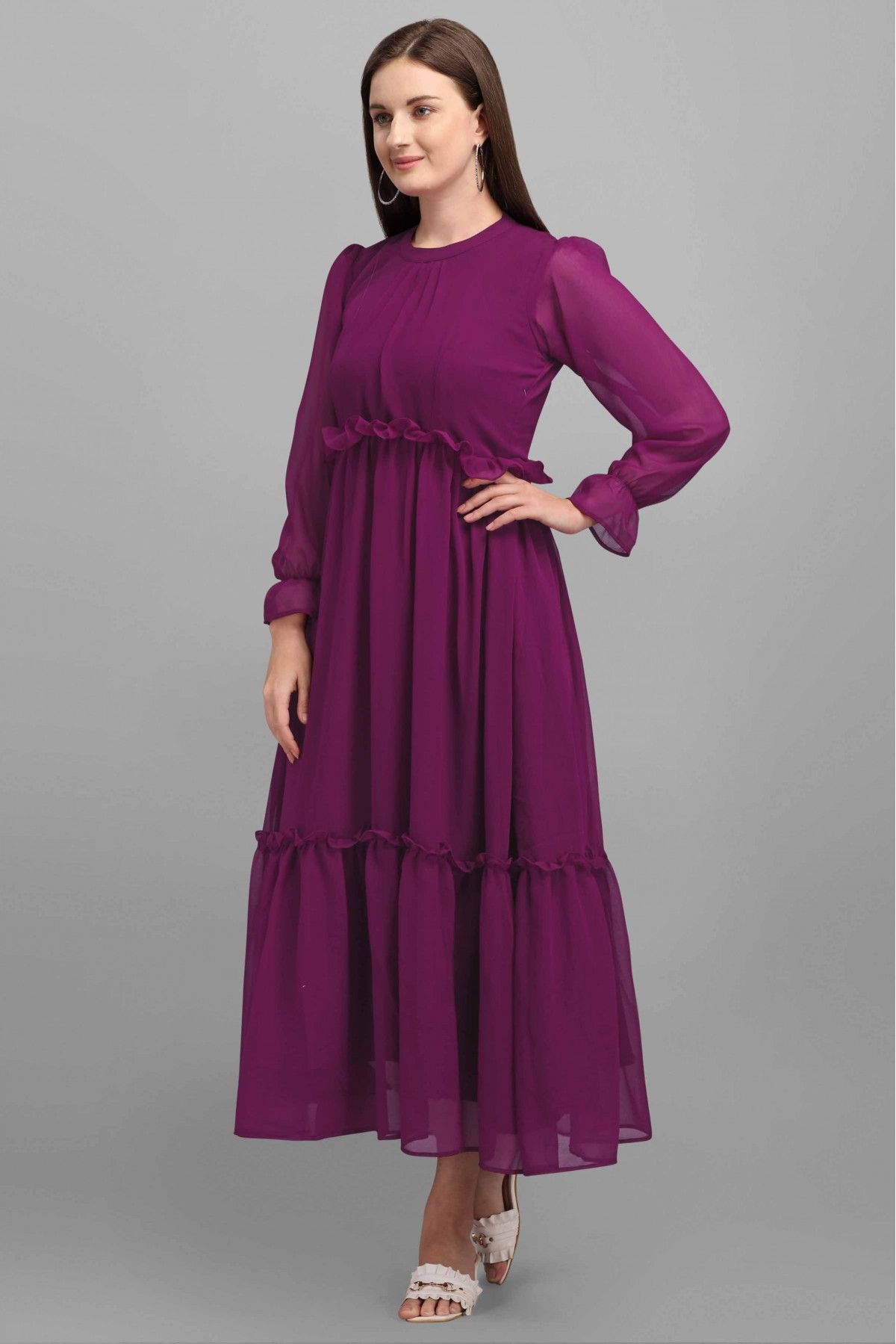 Glonme Long Sleeve Full Length Dress for Women Sexy Work Maxi Dresses Swing  Solid Color Dress Purple XL - Walmart.com