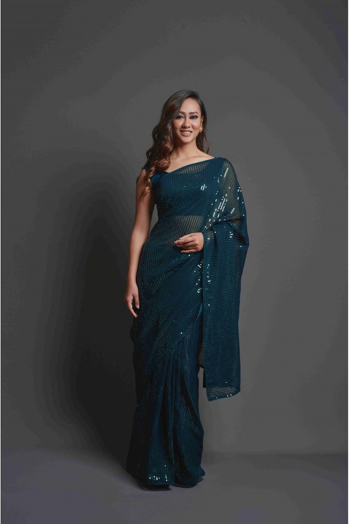 Georgette Sequins Work Saree In Teal Blue Colour - SR5411967