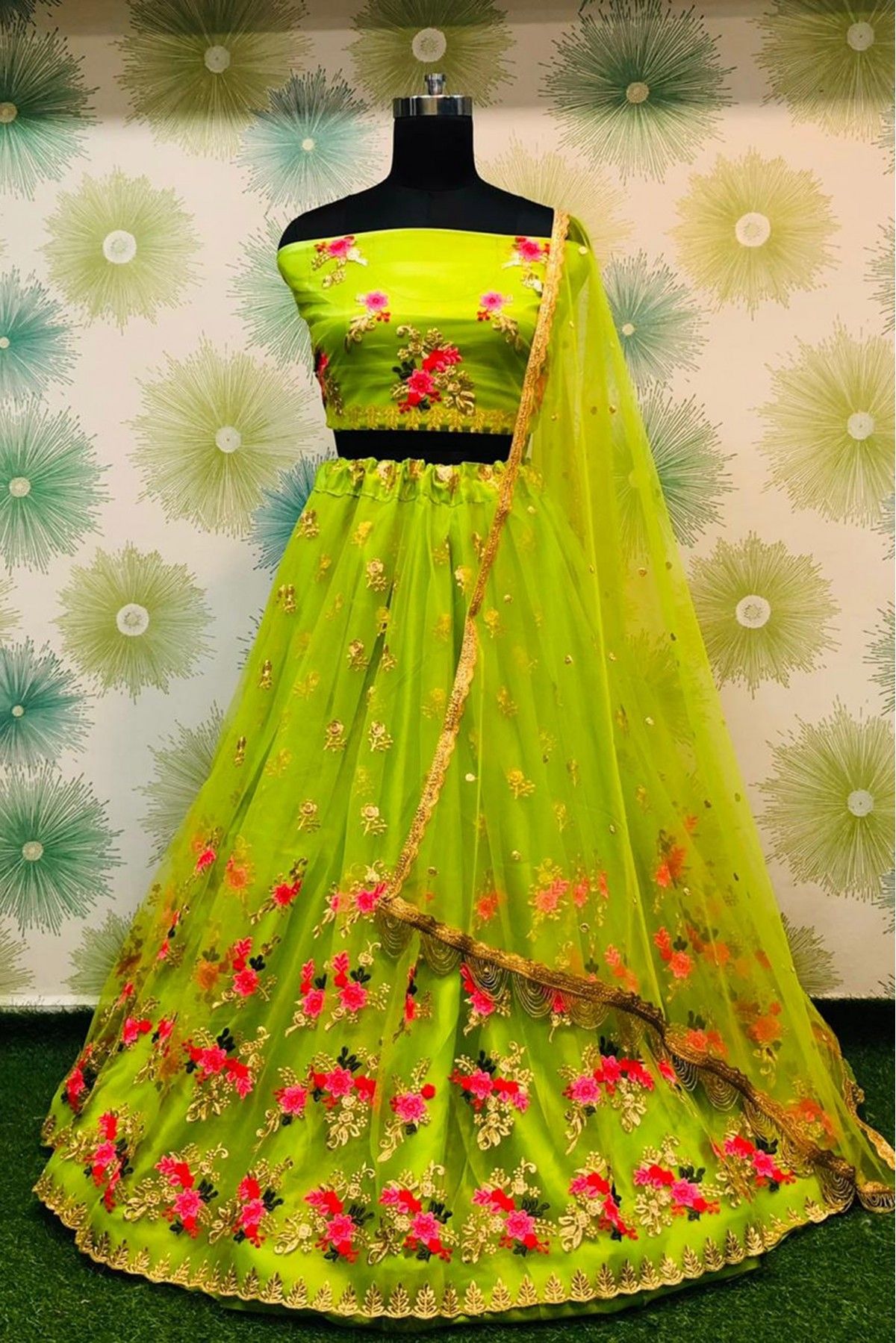 Net Embroidery Lehenga Choli In Green Colour - LD4010201