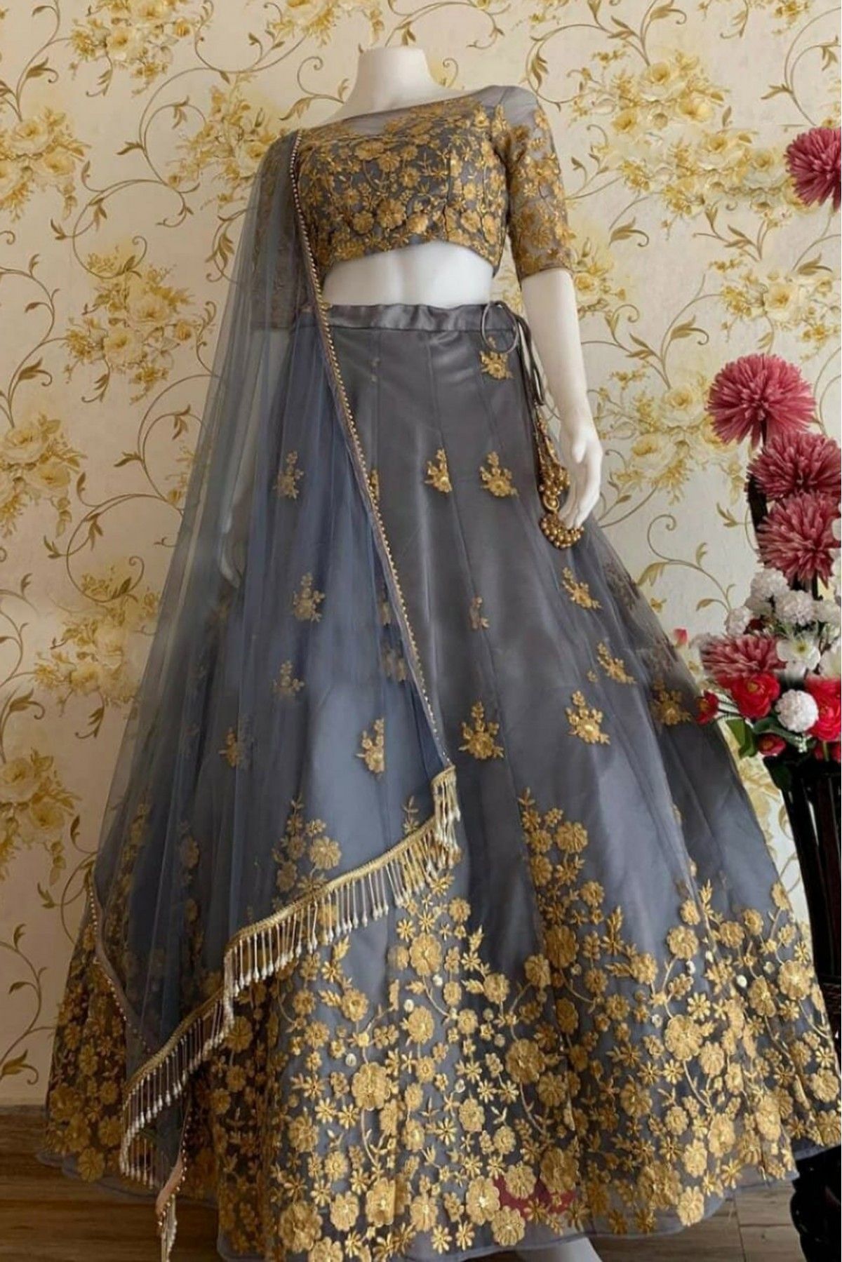 Party Wear Embroidered Kids Yellow And Grey Lehenga, Size: 24-38 at Rs  1200/piece in Mumbai