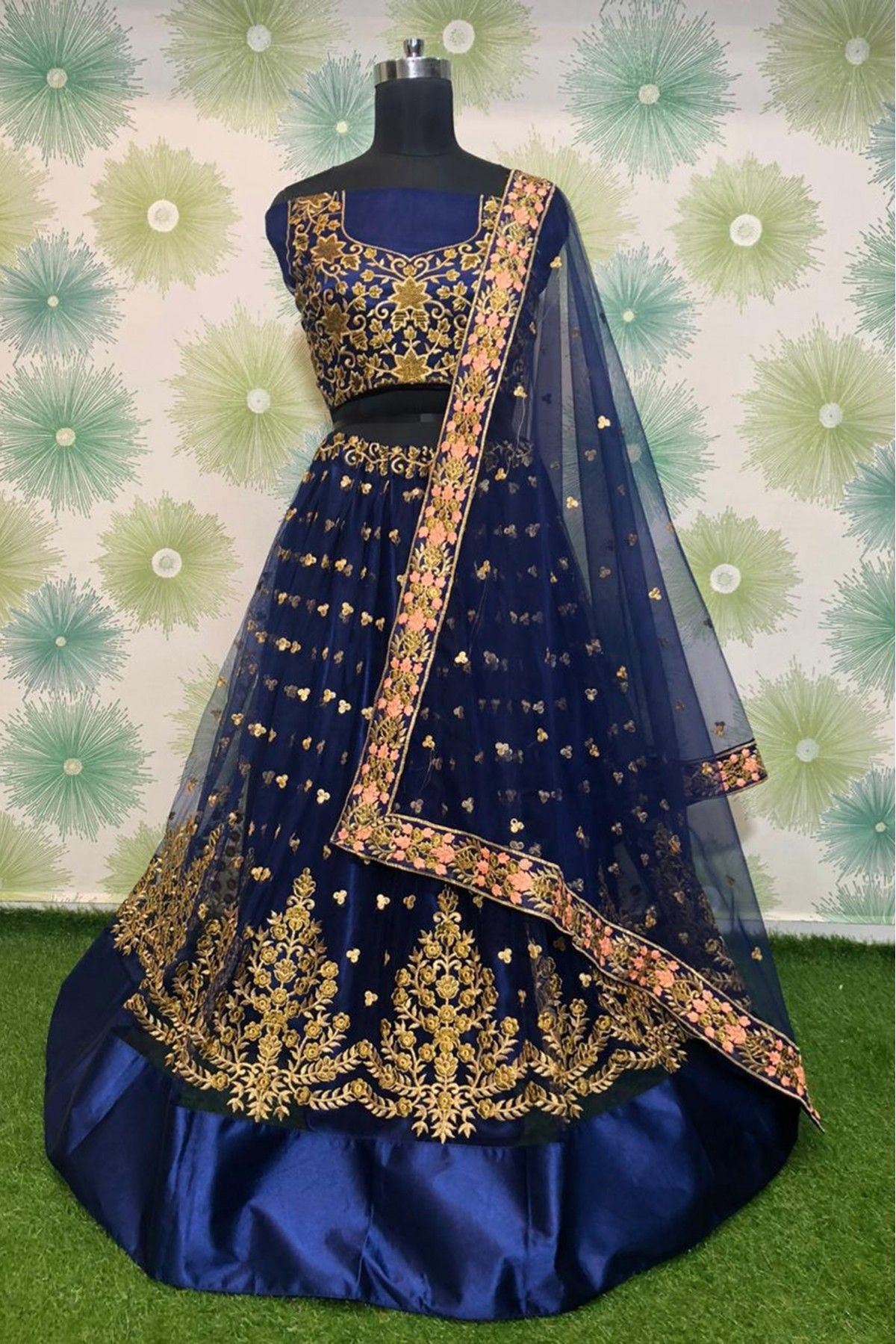 Navy Blue and Gold Embroidered Lehenga – Lashkaraa