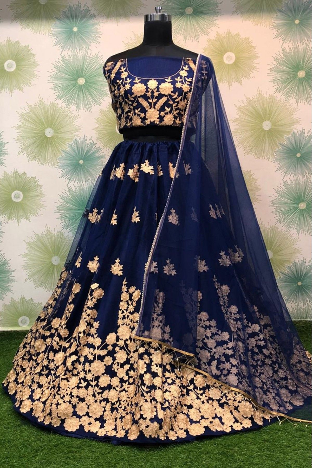 Captivating Navy Blue - Red Colored Wedding Wear Printed Art Silk Lehenga  Choli