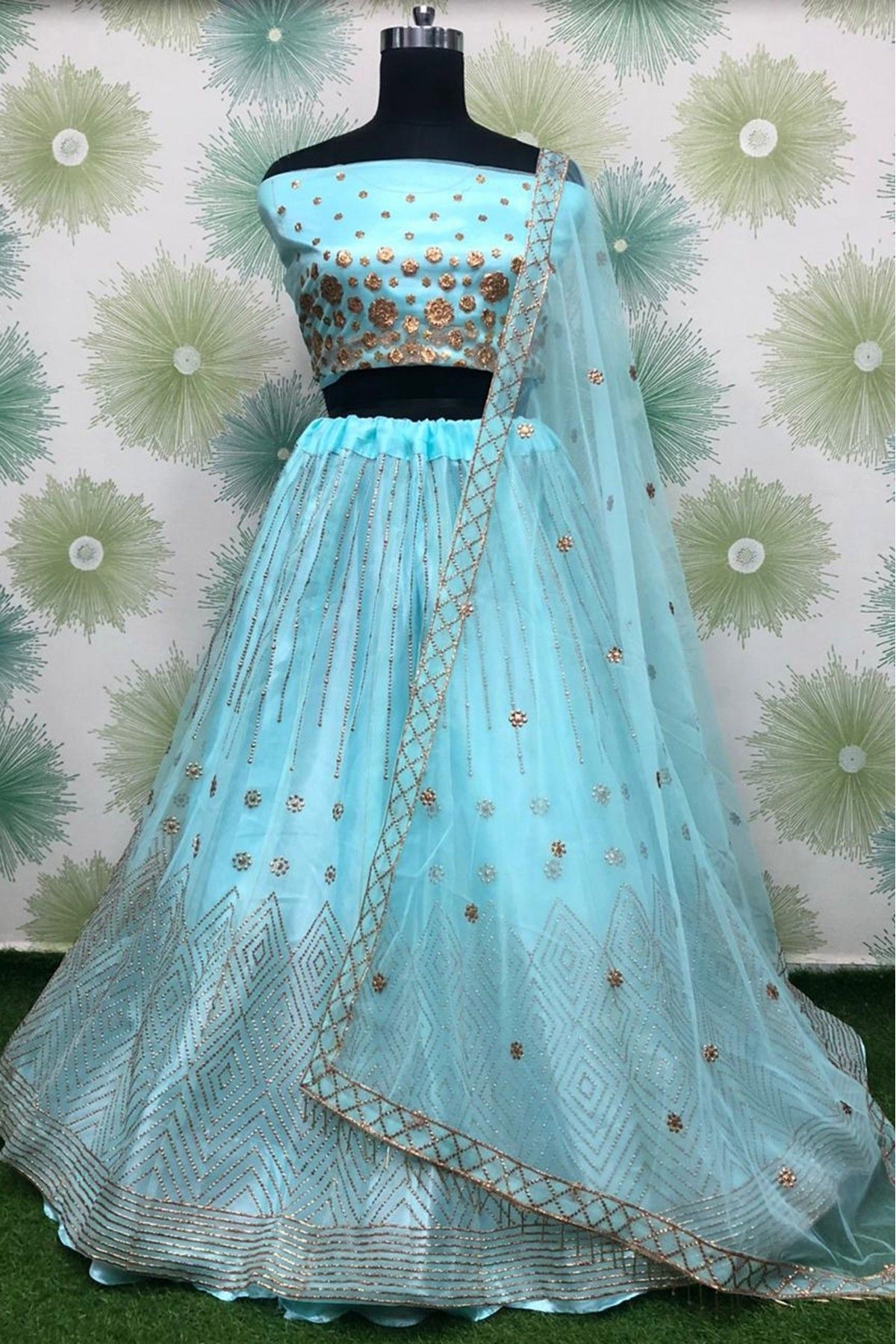 Awesome Sky Blue Zari Embroidery Organza Occasional Wear Leh