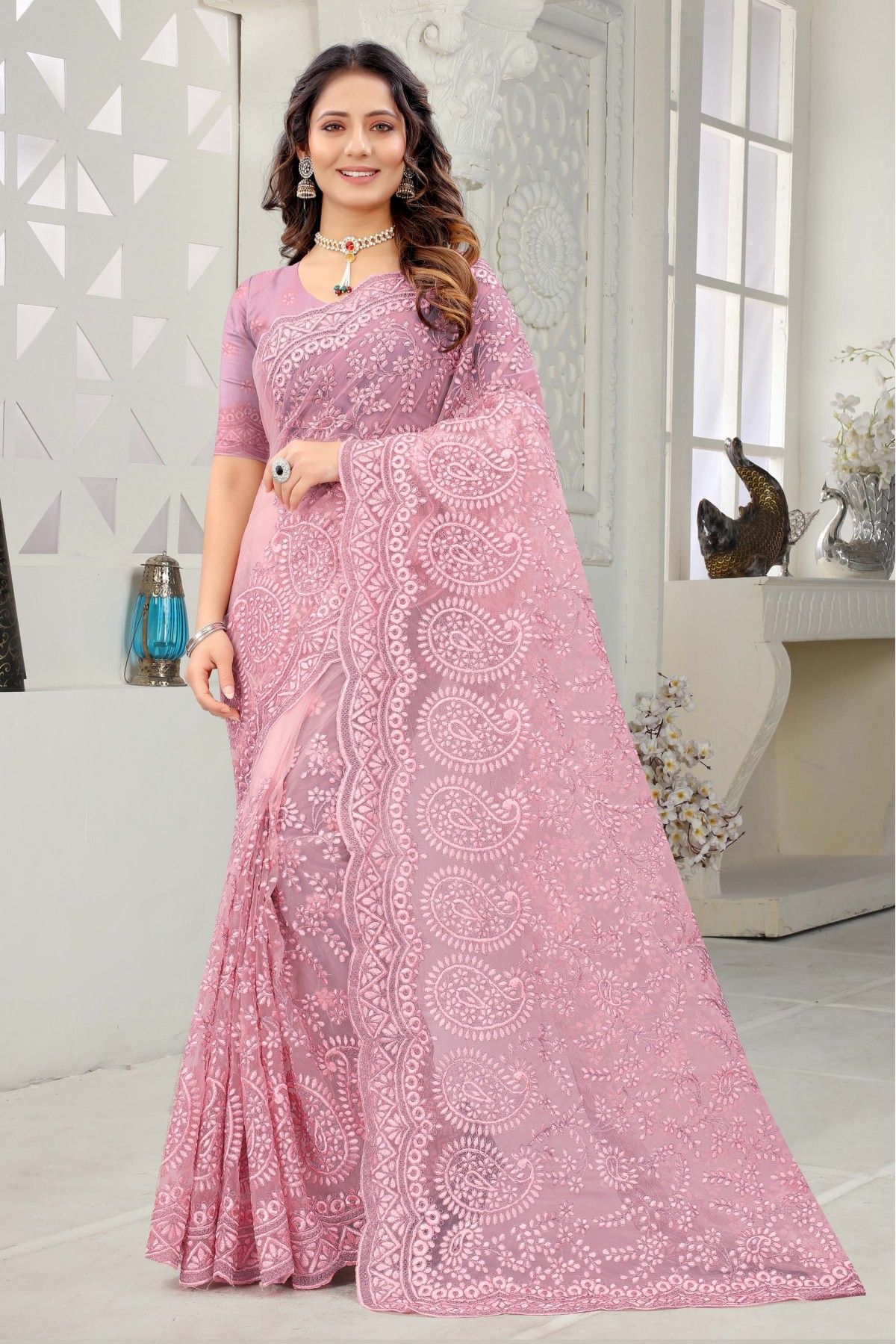 Net Embroidery Saree In Light Pink Colour - SR4690607