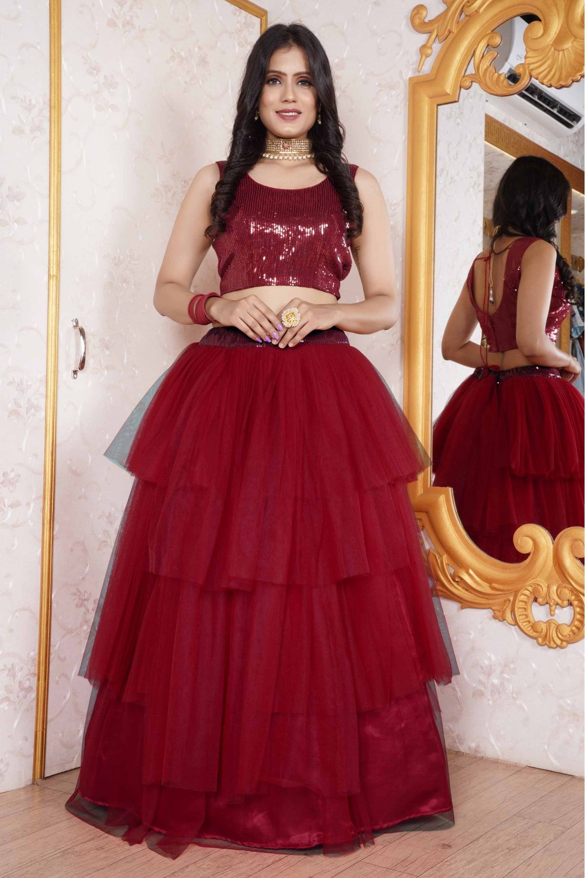 Red hand embroidered sequin lehenga set – nehakhullar