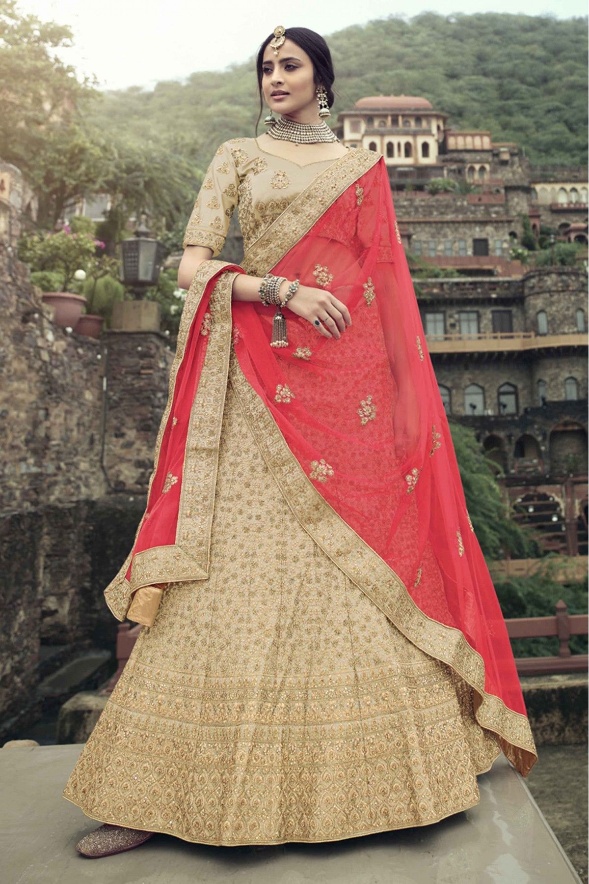 Buy Cream Color Ajmeri Silk Designer Digital Printed Lehenga Choli Online -  LEHV2299 | Appelle Fashion