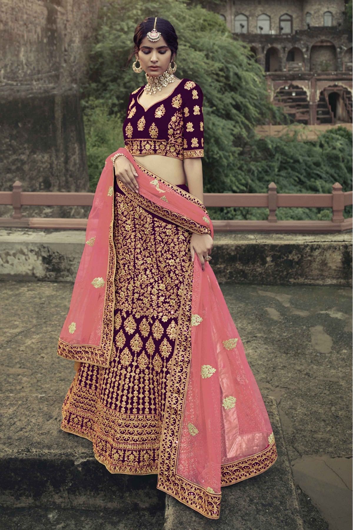 Ella Wine Red Bridal Lehenga Set In Velvet Beads Work SYF9095 –  ShreeFashionWear