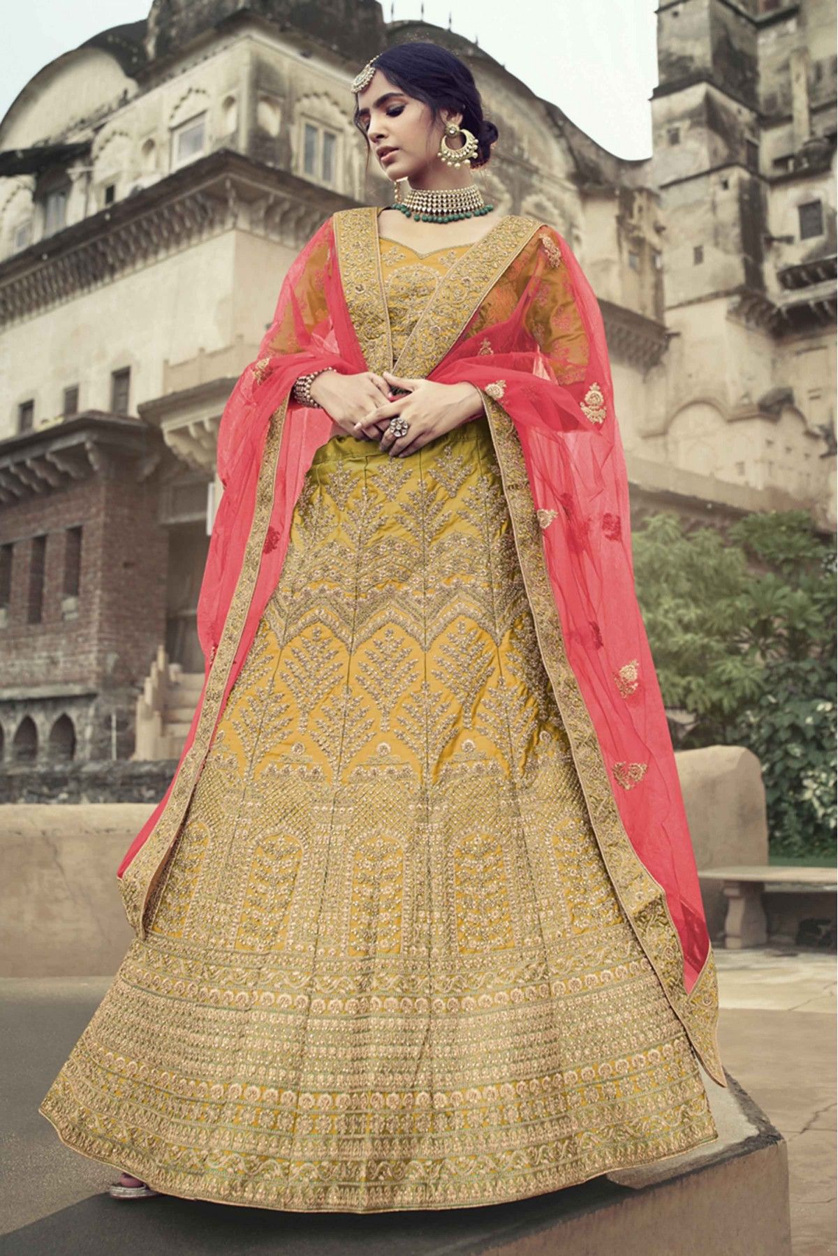 Embroidered Thread Work Unstitched Lehenga & Blouse With Dupatta– Inddus.in