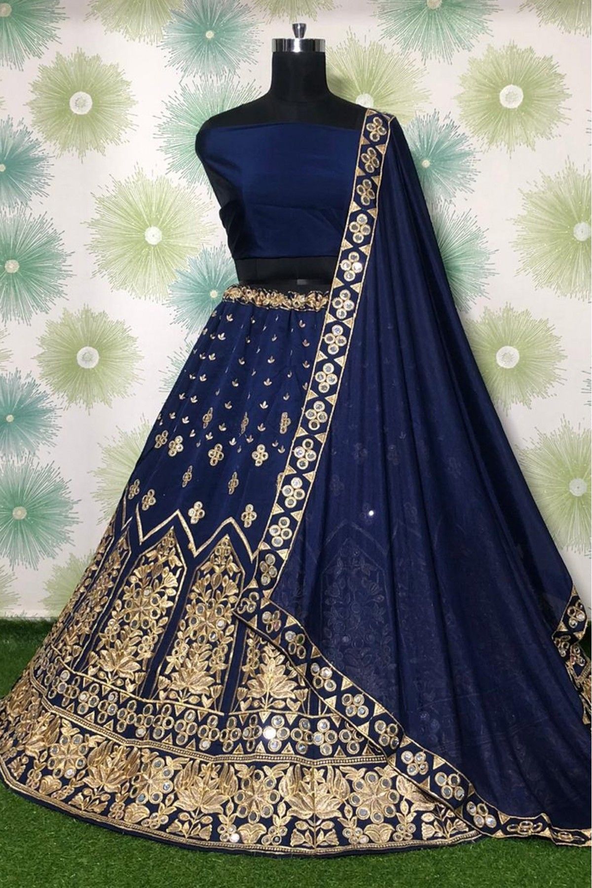 Navy Blue Taffeta Silk Two Layer Plain Lehenga With Velvet Work Choli –  Cygnus Fashion