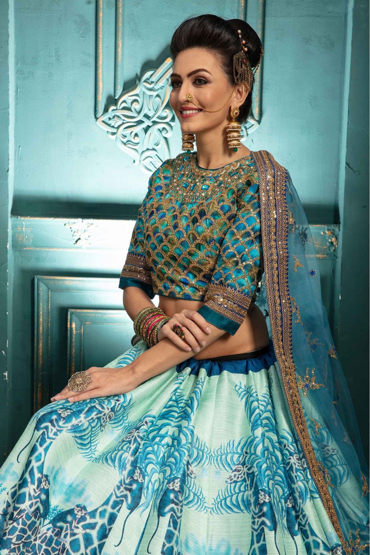 Malbari Silk Embroidery Lehenga Choli In White And Sky Blue Colour LD1046362 B