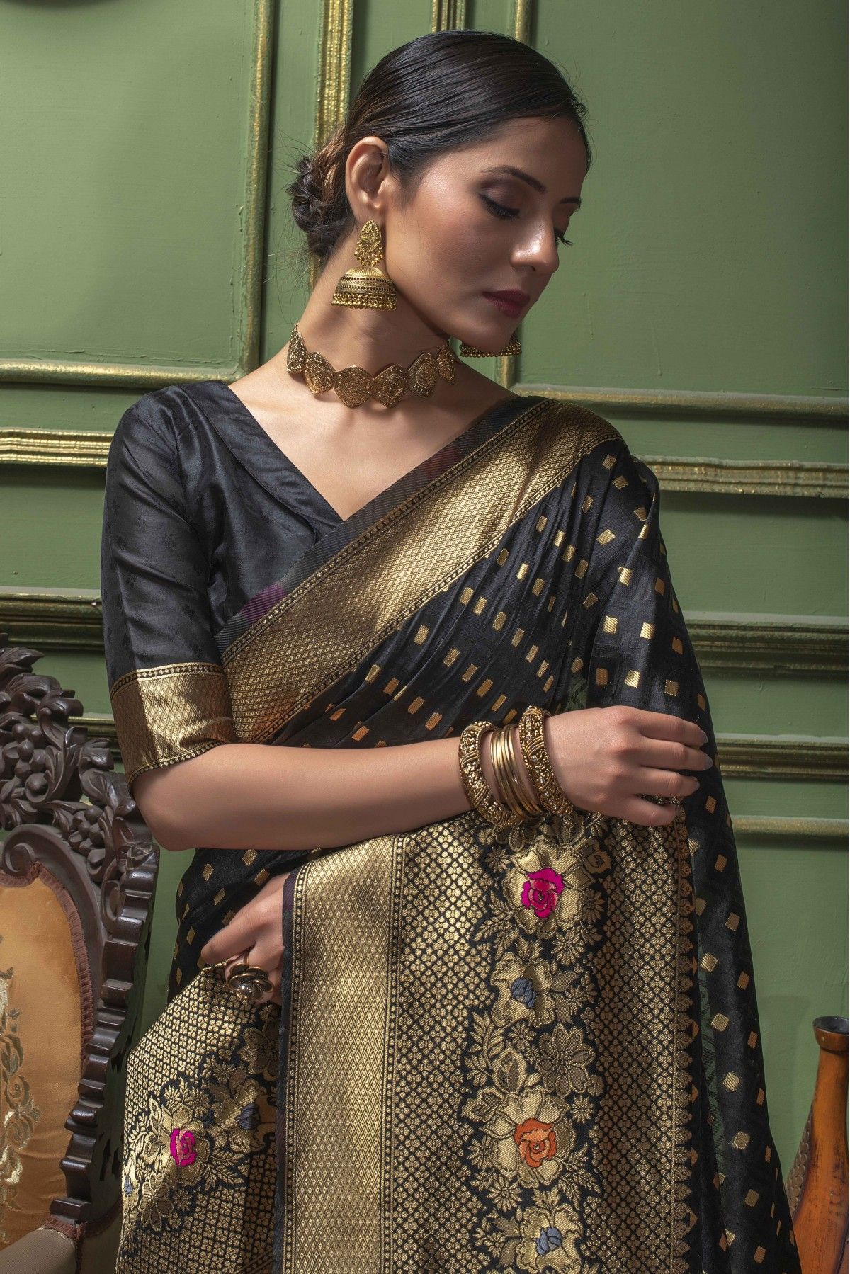 Black TrendOye South Silk Saree With Designer Blouse Piece