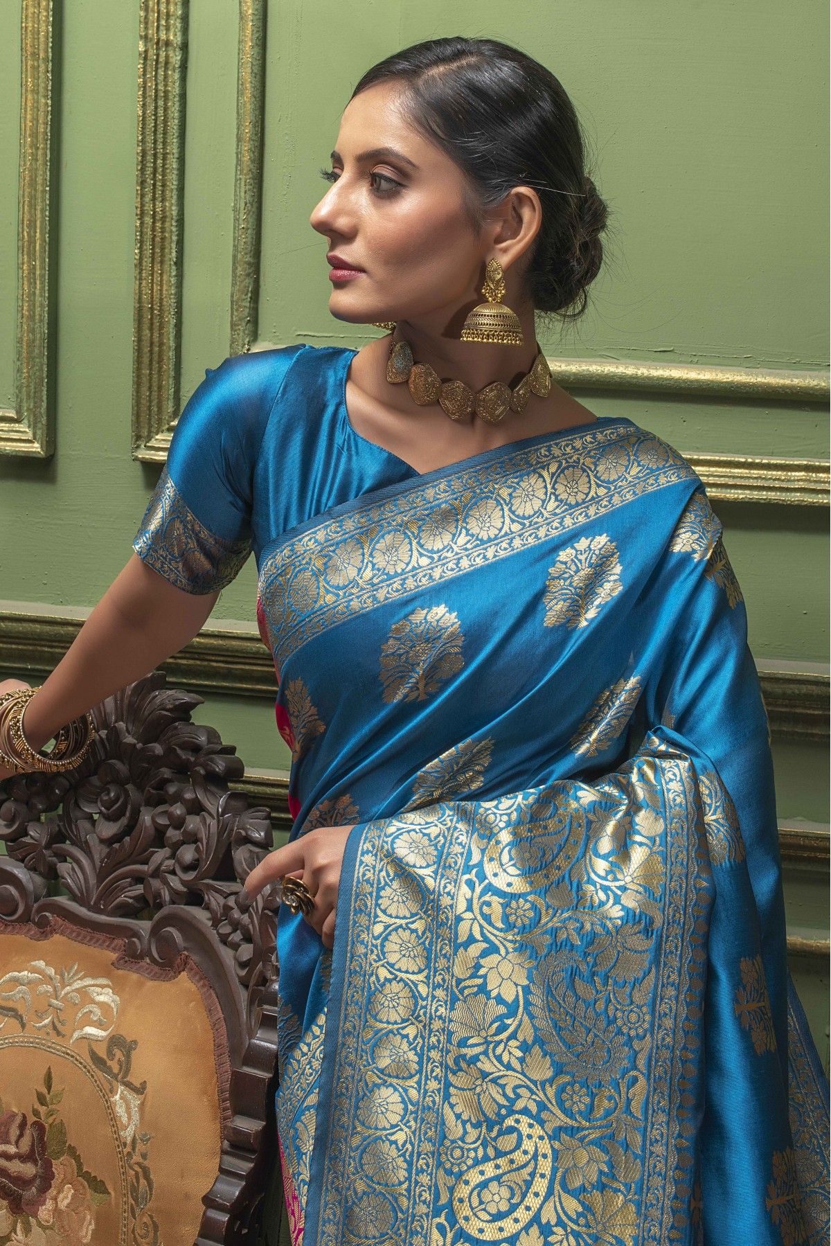 Royal Blue Banarasi Saree In Banarasi Silk wih Zari & Moti Thread-Work