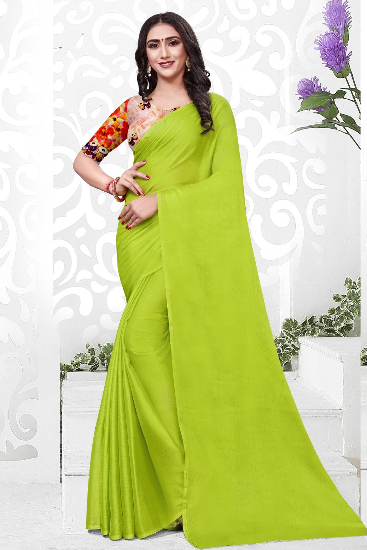 Chiffon Plain Saree In Green Colour - SR5130365