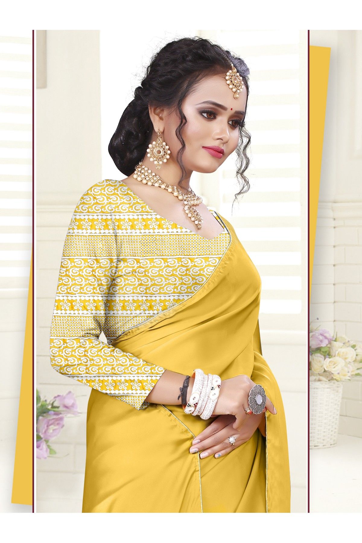 Buy Yellow Swarovski Satin Designer Saree - Koskii