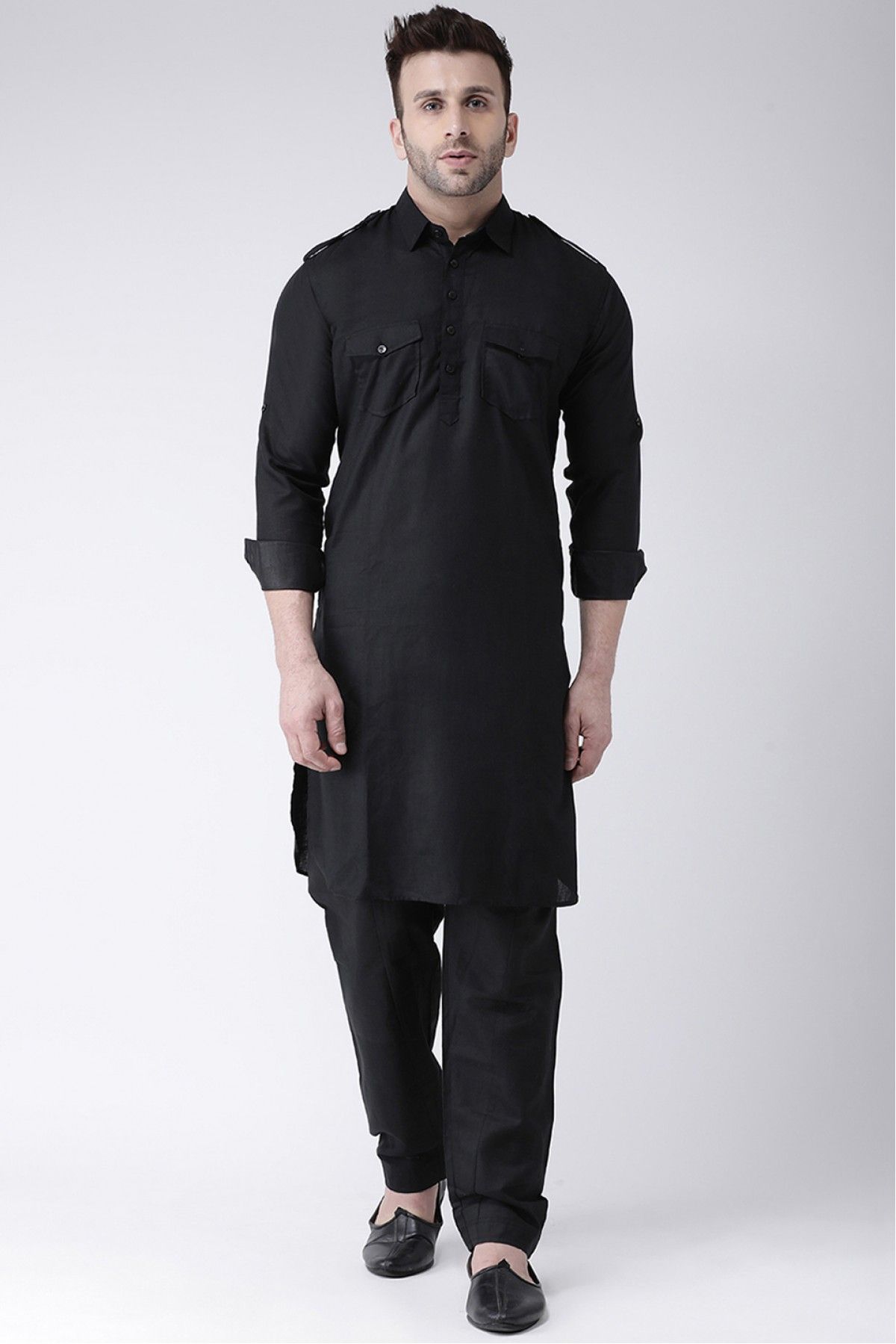 Men's Black And White Cotton Blend Pathani Suit With White Pant Set -  Absolutely Desi