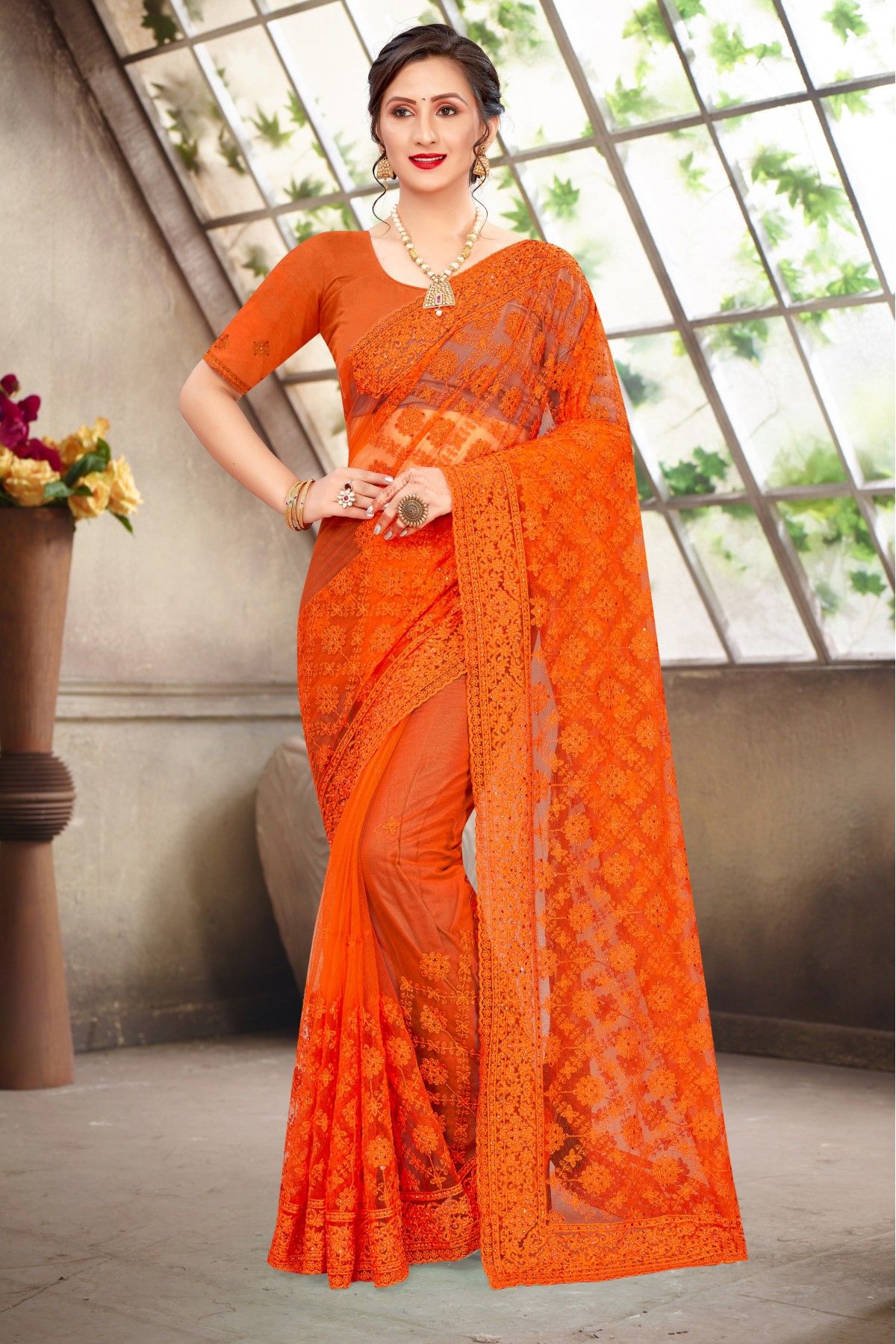 Soft Slub Silk Golden Zari Orange Saree with Matching Blouse