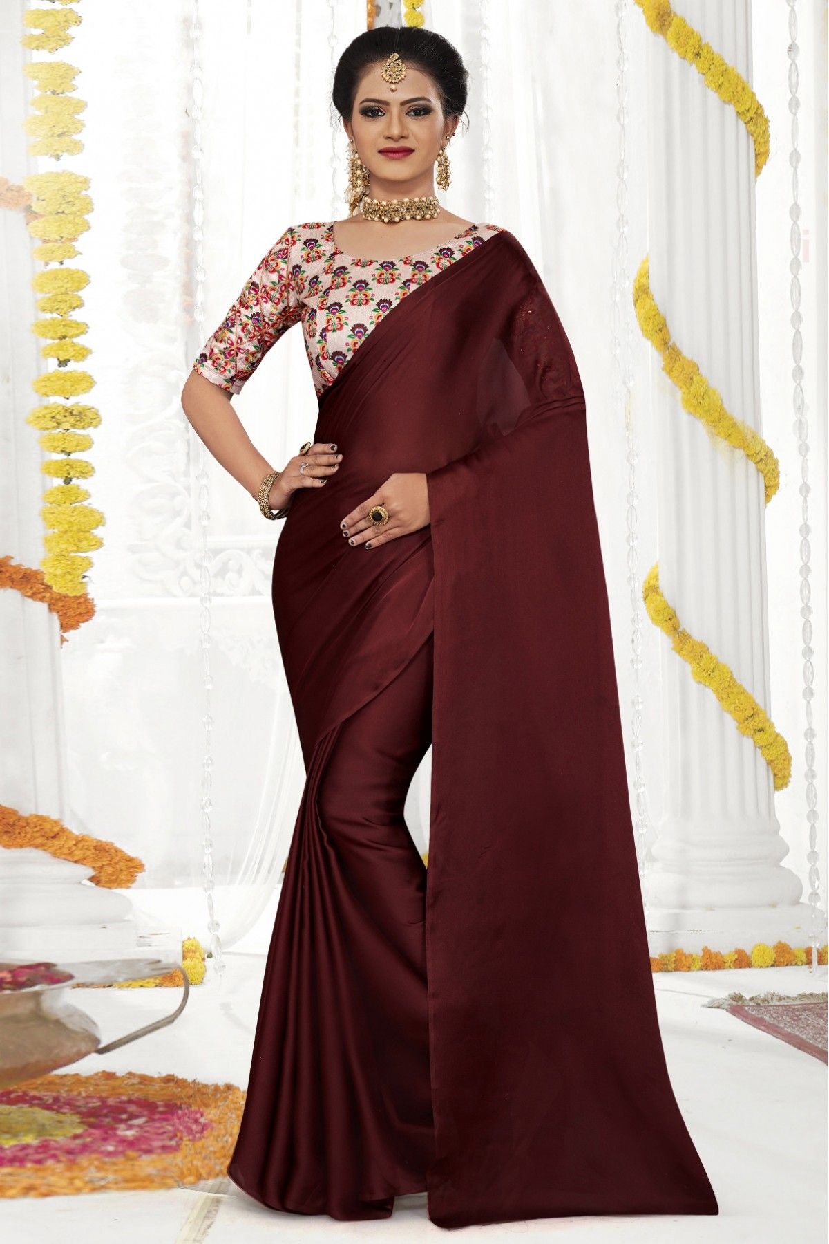 Buy KRISHNA CREATION Women's Japan Satin Silk Plain lace work Saree with  heavy embroidered Work Blouse Unstitched Piece (Maroon) at Amazon.in