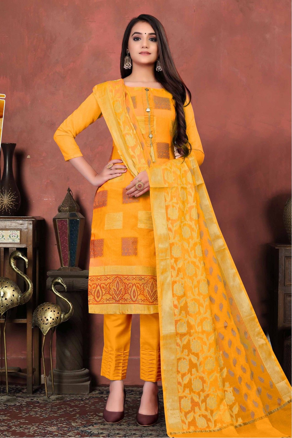 Unstitched Banarasi Cotton Thread Work Churidar Suit In Mustard Colour