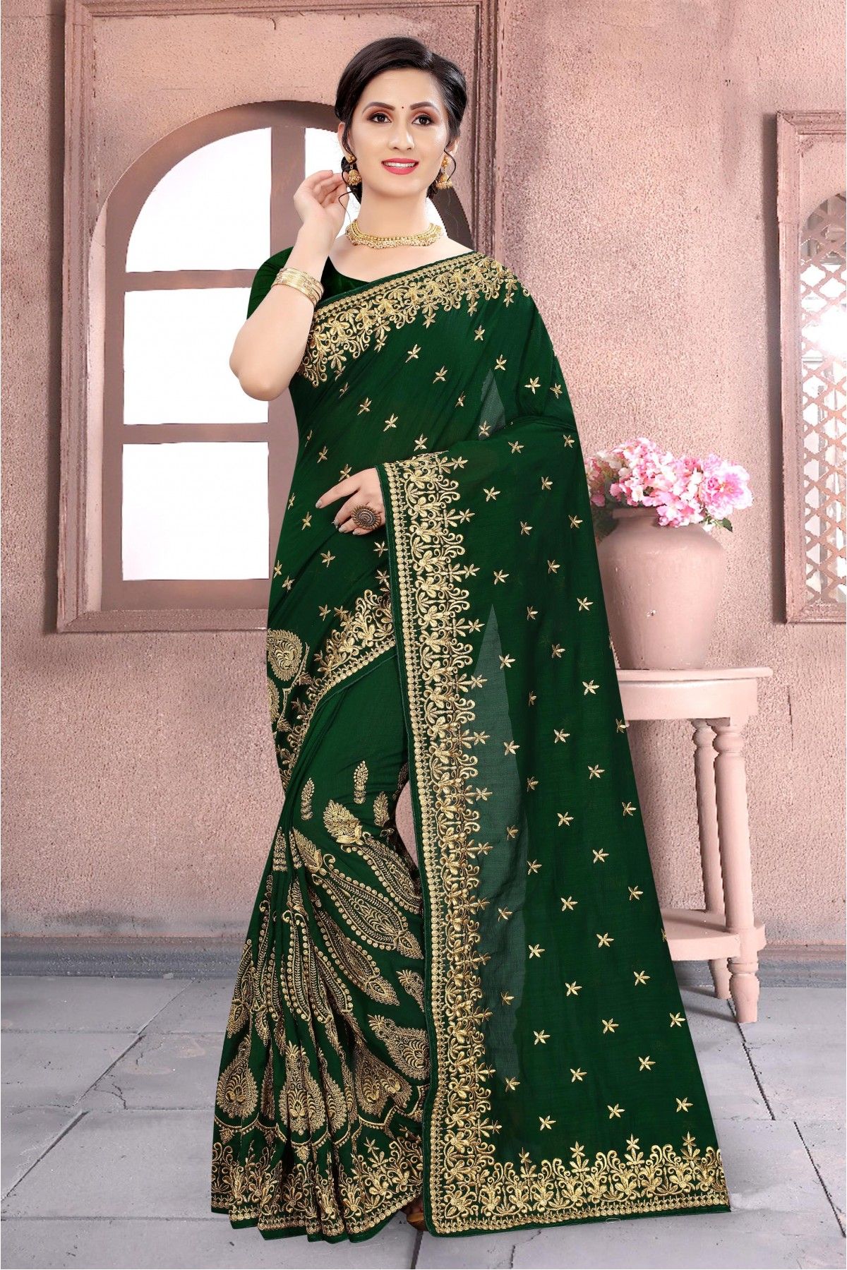 Silk Saree In Bottle Green Colour With Stone Work For Party