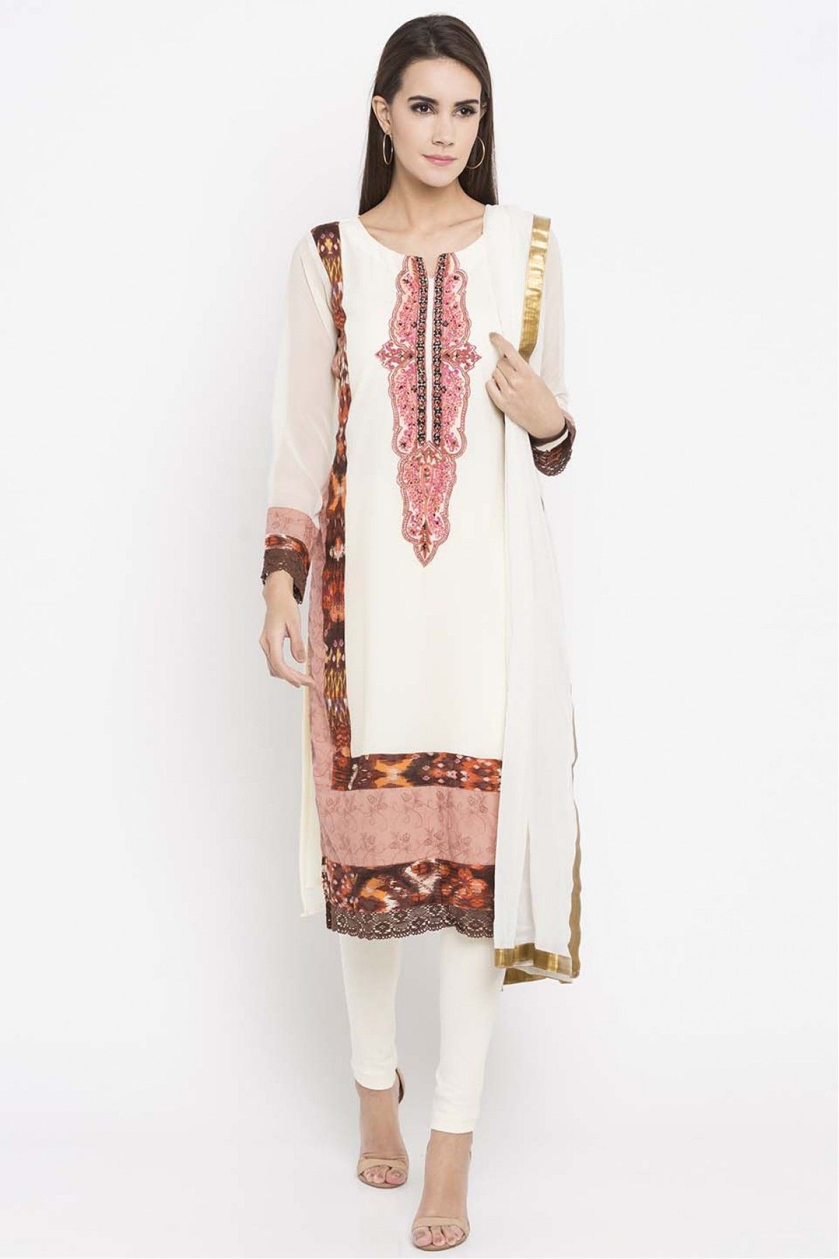 Plus Size Faux Georgette Churidar Suit In Offwhite Colour Up To  -  SS2710386