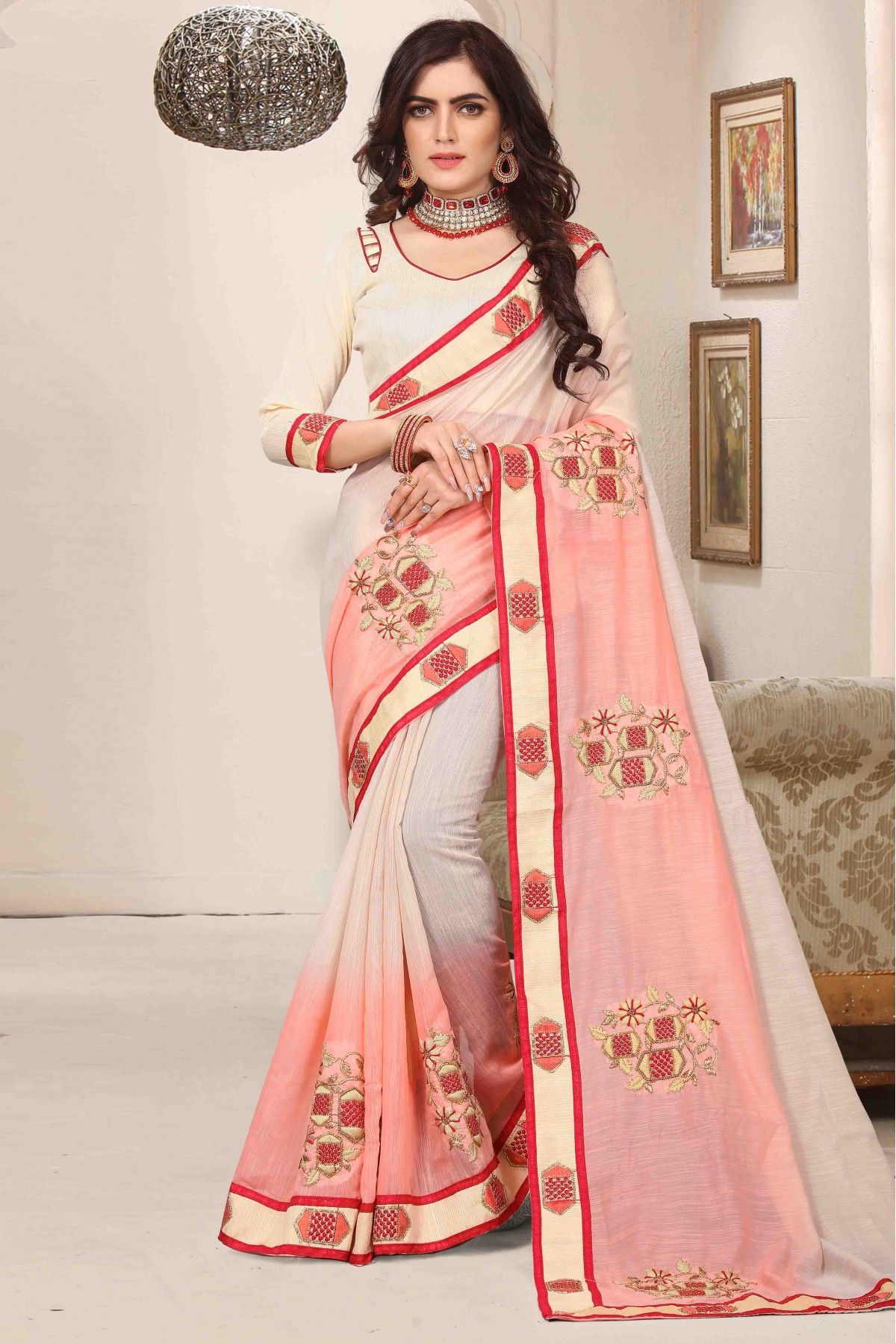 Melodic Beige Silk Saree with Pink Blouse