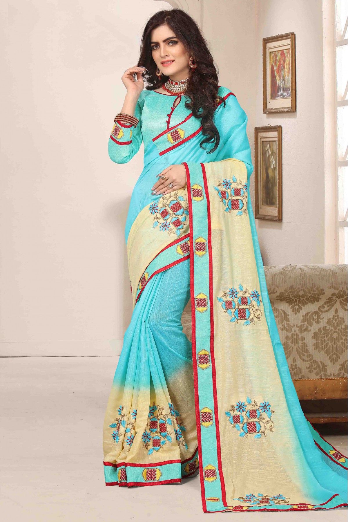 Buy Aaradhya Fashion Chanderi Cotton Blue Colour Saree With Digital Print  Lace Work Online at Low Prices in India - Paytmmall.com