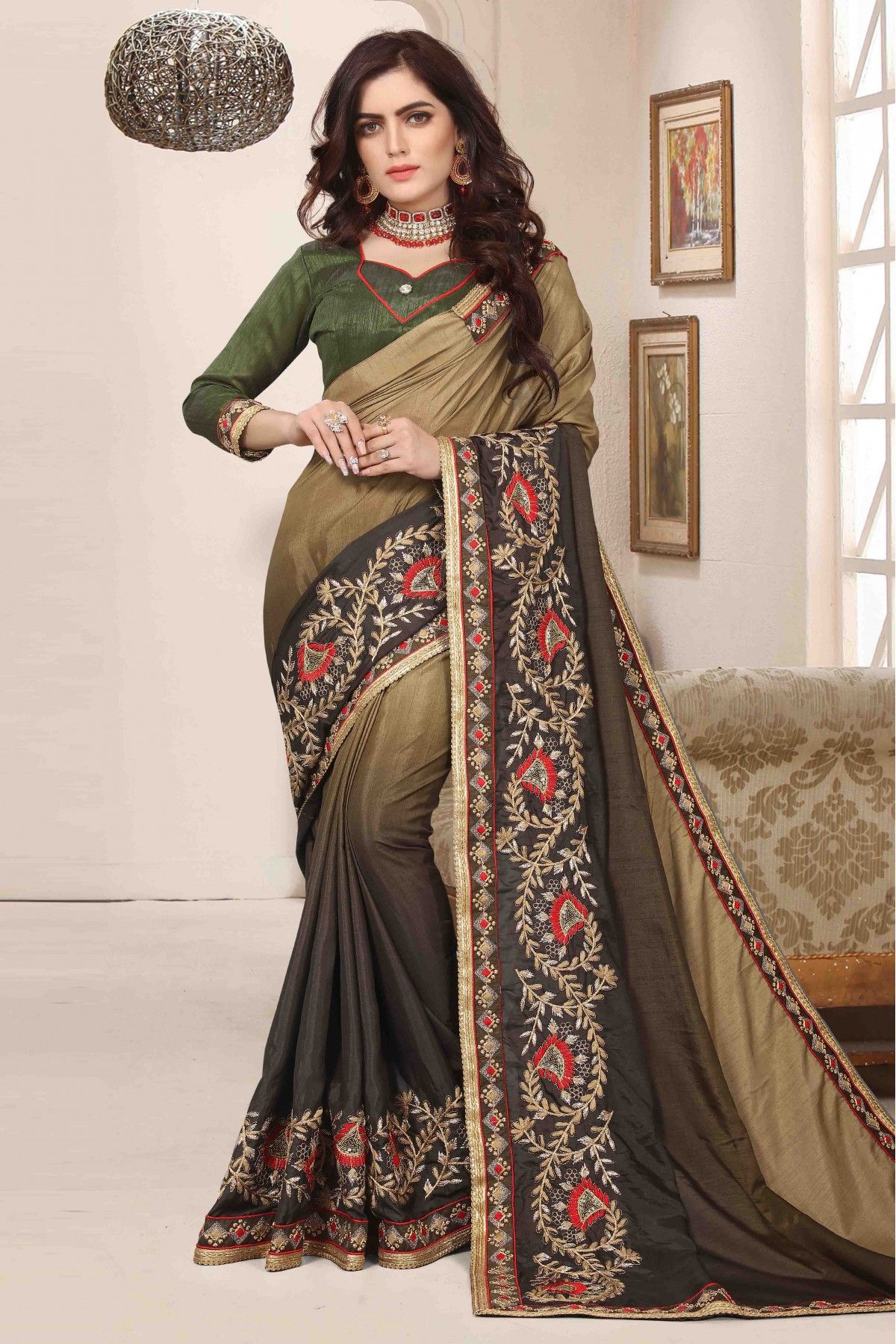 Mehendi Green Mangalgiri Saree with Stripes Border – Godhuli