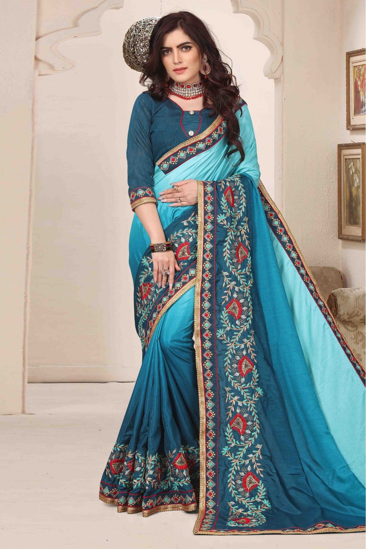 Turquoise Blue Saree with Pink Border – Godhuli