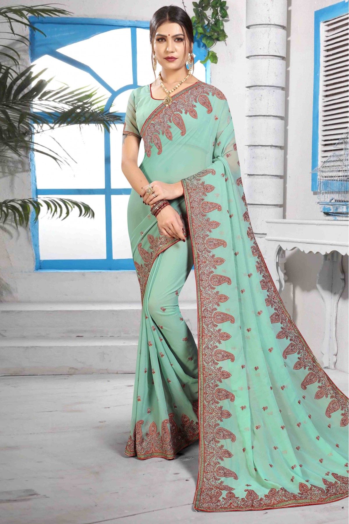 Superb Fancy Fancy Fabric Aqua Blue Contemporary Style Saree -